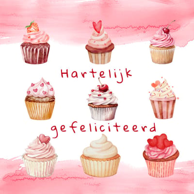 Wenskaart hartelijk gefeliciteerd cupcakes – 13x13 cm – gevouwen kaart – inclusief witte envelop – stevig papier – felicitatiekaart