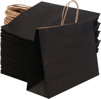 25 Stuks Zwarte Kraft Papieren Tassen met Handvatten voor Cadeaus, Feestjes, Verjaardagen en Bruiloften - Groot Formaat 32 x 11 x 24.5 cm