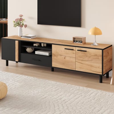 OKWISH TV-meubel – 3 Deuren 1 Lade – Zonder LED – Scandinavische Stijl Met Opbergruimte – Spaanplaat Zwart+Bruin – 180x32,5x50 cm – Geschikt Voor 80 Inch