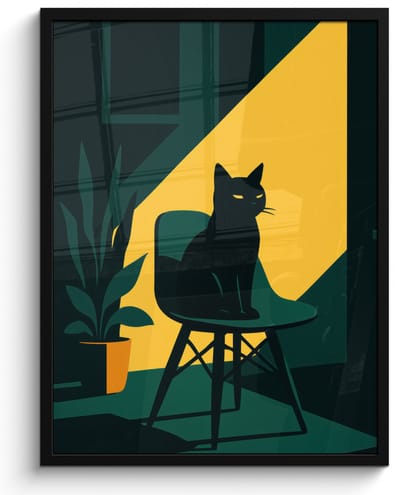 Poster in lijst - Fotolijst 60x80 cm - Posters - Zwarte kat - Mysterieus - Gele instraal - Posterlijst zwart - Decoratie - Wanddecoratie woonkamer - Muurdecoratie slaapkamer