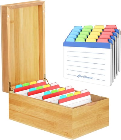 Bamboe Index Kaarthouder met 20 Index Kaarten en 200 Notitiekaarten - Organiser voor Flash Cards en Bureau