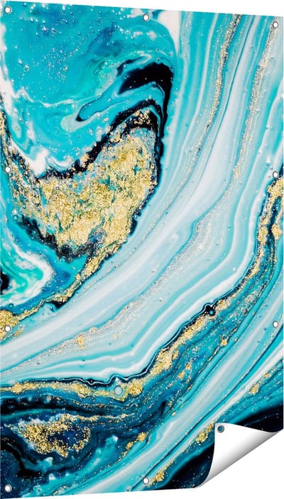 Gards Tuinposter Abstracte Luxe Kunst in het Blauw met Goud - 80x120 cm - Tuindoek - Tuindecoratie - Wanddecoratie buiten - Tuinschilderij