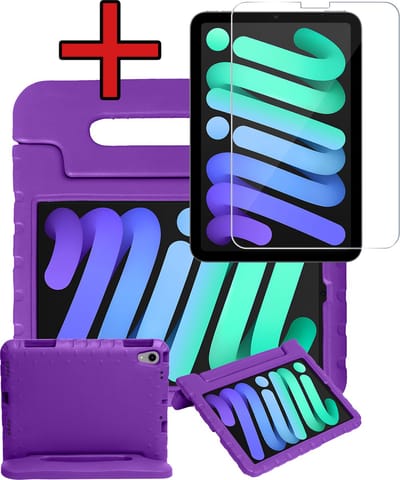 Hoesje - Geschikt voor Apple iPad Mini 7 (2024) - 8.3 inch - 7e Generatie - Met Screenprotector - Kinderhoes - Shockproof Bumper - Kidsproof Case - Tablethoes - Kinder Hoes Cover - Paars