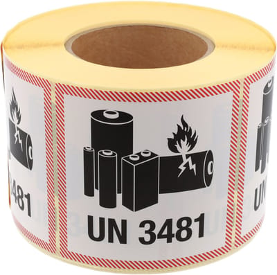 DULA Waarschuwingsetiket UN 3481 Lithium Batterijen 100x100 mm - Kern 76mm - 1000 per rol