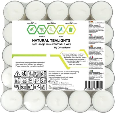 Natuurlijke ongeparfumeerde theelichtjes van koolzaadwas - 4 en 8 uur brandtijd, recyclebare bekers