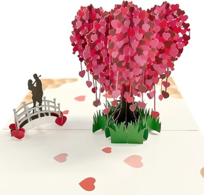 Romantische 3D Hartboom Trouwringkaart, Unieke Pop-Up Wenskaart met Brug en Envelop voor Verjaardagen, Verlovingen en Valentijnsdag, Perfect Cadeau voor Stellen