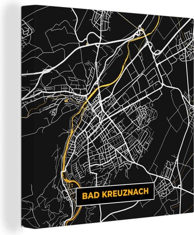 Canvas Schilderij Duitsland – Black and Gold – Bad Kreuznach – Stadskaart – Kaart – Plattegrond - 20x20 cm - Wanddecoratie
