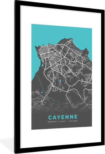 Fotolijst incl. Poster - Frankrijk - Plattegrond - Kaart - Stadskaart - Cayenne - 80x120 cm - Posterlijst