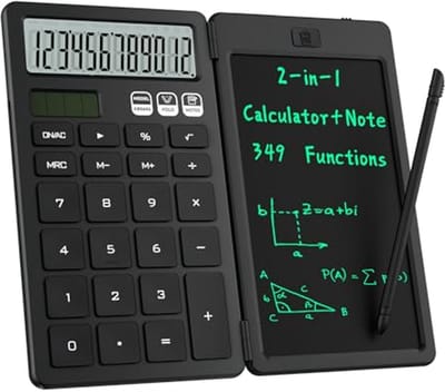 2-in-1 opvouwbare rekenmachine met uitwisbaar lcd-schrijfblad en 12-bits groot HD-display - Oplaadbare zonne-energie voor Studenten en Kantoor