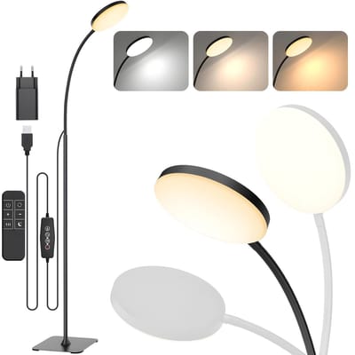 Rosnek Modern Staande Lamp Zwart met Afstandsbediening & Timer - 140cm Hoogteverstelbaar - Flexibele Hals - 10W Dimbaar & 3 Kleurtemperaturen Vloerlamp voor Woonkamer Slaapkamer - Usb Met Adapter