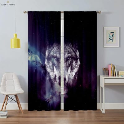 Loup Sous Les Étoiles Motif Animalier Impression Rideaux de Fenêtre Chambre Espace de Vie Espace de Vie Balcon Zone Pièce Décorative Extérieure Rideaux de Fenêtre Maison W50xH140(CM)x2PCS&Grommet Top