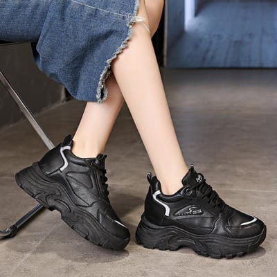 Leer Binnenhoogte Verhoging Papa Schoenen Dames Herfst Nieuw Ins Trendy Kleine Veelzijdige Platform Casual Sportschoenen 40 zwart