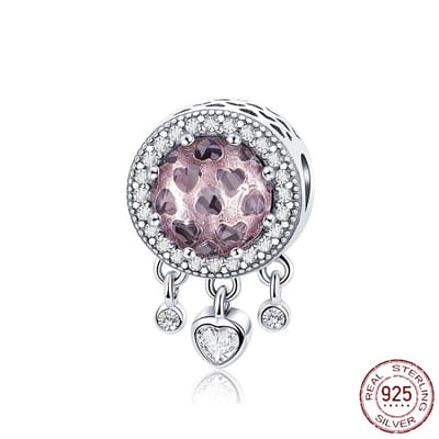 Fler® | Bedel | Past op populaire bedel armbanden (standaard-3mm) | armbandbedel | Dreamcatcher met Hartjes | Hangbedel Charm | 925 Sterling Zilver | Heldere Zirkonia | Paars | Meerkleurig | Armband Kraal | Kerstcadeau | Valentijn kado