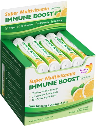 Multivitamine Immune Boost Shot - Swedish Nutra - Vloeibaar Vegan, Glutenvrij - Weerstand & Energie - 25 ml x 30st