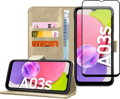 Hoesje geschikt voor Samsung Galaxy A03s - Full Screenprotector - Bookcase Portemonnee Hoes Goud