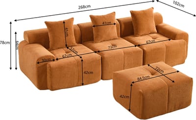 MODENUIT Hoekbank 268 x 102 x 78 cm - Modulaire 3-Zits Met Hocker En Zijvakken - Woonkamer - Ribstof - Oranje