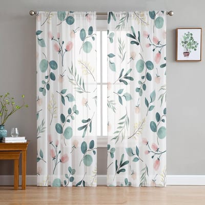 Zomer Plant Groen Blad Aquarel Slaapkamer Gordijnen Tule Transparant Gordijn Woonkamer Huisdecoratie Voile Gordijnen 135W x 114H(cm) white