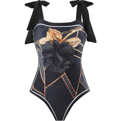 Maillot de bain une pièce version AB double face mis à jour Maillot de bain conservateur pour femme Vacances Costume jupe portefeuille imprimée en mousseline L black