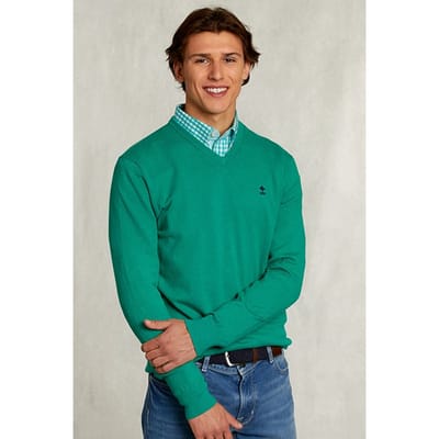 River Woods Normal Fit Basic Cotton V-neck Pullover Green Twist Mix Gree Size: S | Sweaters Outlet | Heren | Groen