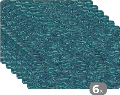 Placemat - Placemats kunststof - Waves - Patronen - Water - 45x30 cm - 6 stuks - Hittebestendig - Anti-Slip - Onderlegger - Afneembaar