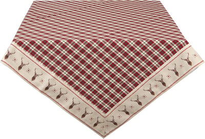 HAES DECO - Rechthoekig Tafellaken - formaat 130x180 cm - kleuren Beige / Offwhite / Rood - van 100% Katoen - Collectie: Cosy Lodge - Kerst Tafellaken, Tafellinnen, Tafeltextiel