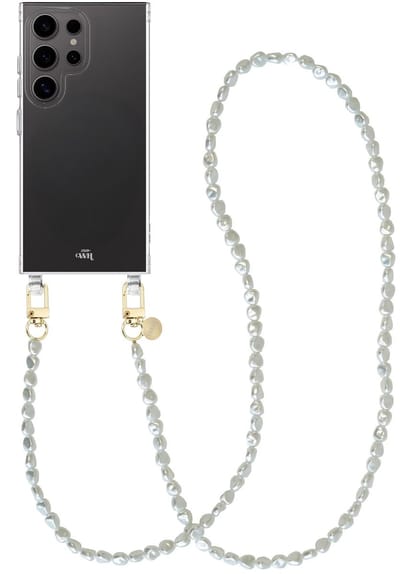 xoxo Wildhearts siliconen hoesje - Geschikt voor Samsung Galaxy S25 Ultra hoesje - Pearlfection - Telefoonhoesje - Hoesje met koord - Parelketting - lang telefoonkoord - Transparant hoesje (lange variant)