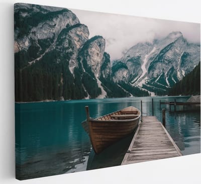 Saammp Canvas Schilderij - Boot aan steiger in de dolomieten - Landschap - Natuur - 30x20 - Foto op canvas - Wanddecoratie - Muurdecoratie Woonkamer - Slaapkamer decoratie - Canvas Print