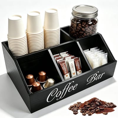 QTTVBTNA – Kaffee Organizer - Coffee Bar Organizer - Houten Opbergrek - 5-Vakken Indeling - Anti-Slip Stabiliteit - Natuurlijk Paulownia Hout - Duurzame Zwarte Afwerking - Ruimtebesparende Ordening - 1 Stuk