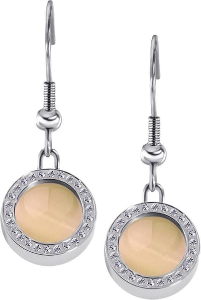 Quiges RVS Schroefsysteem Oorhangers Oorbellen Zilverkleurig met Zirkonia en Verwisselbare Champagne Cat's Eye Mini Munt Set - ECOS173