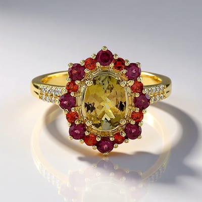 Cavill - Luxe 9K Gele Gouden Ring - 1,09 ct Ovale Onverhitte Gele Tanzaniet - Met Rhodoliet & Robijn - Elegante Damesring