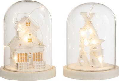 J-Line Decoratieve stolp Winter - hout/glas - wit - 2 st. - LED lichtjes