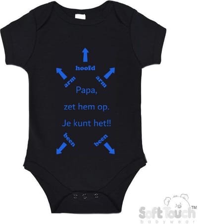 100% katoenen Romper "Papa, zet hem op. Je kunt het!!" + Hoofd Jongens Katoen Zwart/blauw Maat 62/68