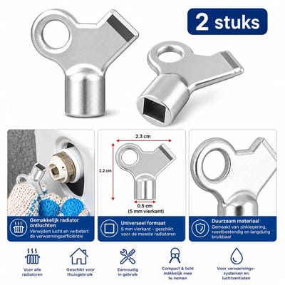 Radiator Ontluchtingssleutel 2 Stuks – Universele CV Sleutel – 5mm Vierkant – Voor Radiator Ontluchten & Verwarming Onderhoud – Zinklegering – Zilver