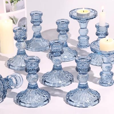 Glazen Kaarsenhouders - Set van 12 - Sfeervolle Decoratie - Vintage Design - Set van 12 - Blauw