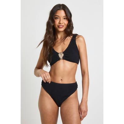 boohoo Dames Bikini Top Met Ronde Hals En Sierbroche & Hoge Taille Bikinibroekje | Zwart | Maat: 34
