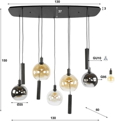 Giga Meubel Hanglamp Sfera - Zwart - 9-Lichts - 130x60x150cm