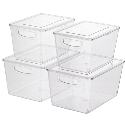 Famanu - Kunststof container set van 4 transparant, bewaarbakjes met handvaten in 2 maten voor keuken en badkamer, organizer set
