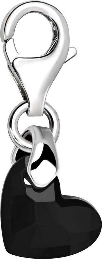 Quiges – Charm – Hanger - Glazen Hart Zwart - Verzilverd - karabijnslot - geschikt - voor - Bedelarmband - QHC091