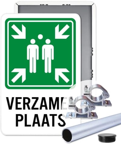 BHV Verzamelplaatsbord - Weerbestendig Aluminium - 30x45 cm - Bevestiging: Met paal 150 cm + paalbeugels + paaldop