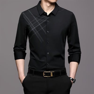 Lente en Herfst Nieuw Shirt met Lange Mouwen Heren Middenleeftijd Casual Mode Bedrukt Revers Dun Herenoverhemd Herenkleding 4XL black