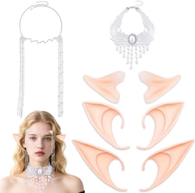 Set van 3 Paar Elf Oren Accessoires voor Volwassenen, Fairy Pixie Oren met Kunstmatige Parel, Hoofdsieraad en Ketting voor Cosplay, Feest en Halloween