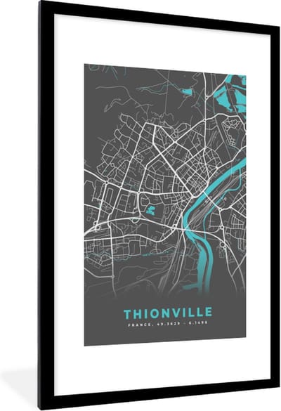 Fotolijst incl. Poster - Plattegrond - Kaart - Stadskaart - Frankrijk - Thionville - 80x120 cm - Posterlijst