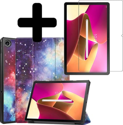 Hoes - Geschikt voor Lenovo Tab M10 Plus (3e / 3rd Generatie) - Met Screenprotector - Trifold Bookcase - Hard Cover - Hardcover Book Case - Tablet Hoesje - Galaxy
