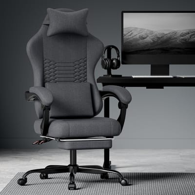 Gamingstoel - - Stoffen Gamingstoel met Massagefunctie en Voetsteun - Hoofdsteun en Ergonomisch ontwerp - Stof - Zwart