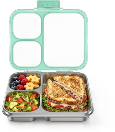 lunchbox, lunchbox met 4 vakken, metalen bento lunchbox, voor kinderen, lekvrije brooddoos, kleuterschool, school, sandwichbox, broodtrommel, vaatwasmachinebestendig (groen)