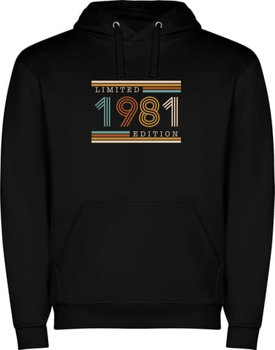 Zwarte unisex hoodie met “ Kleurrijke Limited Edition 1981 – Verjaardag – Leeftijd – Humor “ Print Full Color Color merk Roly maat S