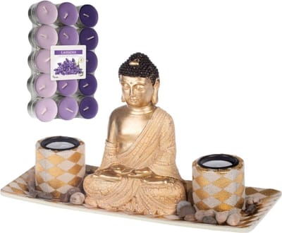Boeddha beeld voor binnen 31 cm met 30x geurkaarsen lavendel - Buddha beeldje met theelichtjes/waxinelichtjes