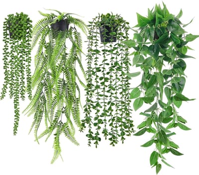 Kunstmatige Hangplanten Set van 4 met Potten - Kunstmatige Hangplant - Eucalyptus en Klimop - Binnen en Buiten - voor Kantoor, Woonkamer, Balkon Muur Decor