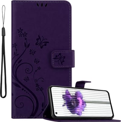 Cadorabo Hoesje geschikt voor Nothing Phone (1) in BLOEMEN DONKER PAARS - Beschermhoes in bloemmotief met magnetische sluiting, standfunctie en kaartsleuven Book Case Cover Etui