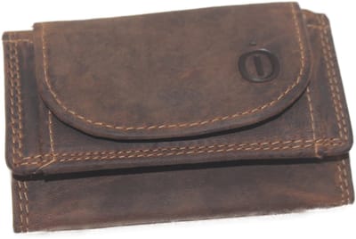 Oi Hunter bruine leren stappertje / mini trifold portemonneetje met extra vakje voor sleutel / klein beursje afsluitbaar / RFID safe / bruin leer / 297H